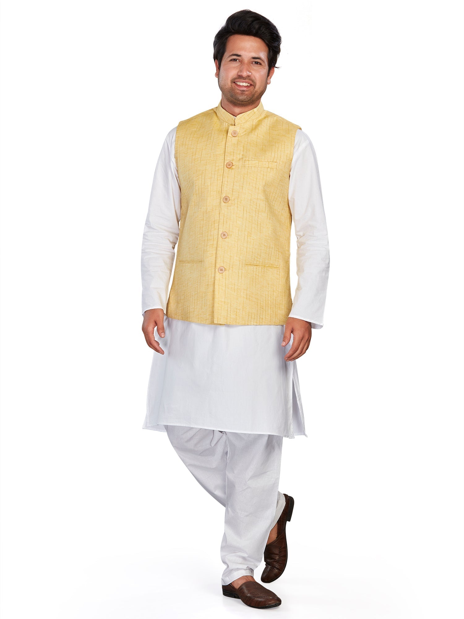 yellow Cotton Solid Indian Wear Nehru Jacket | DesiQlo