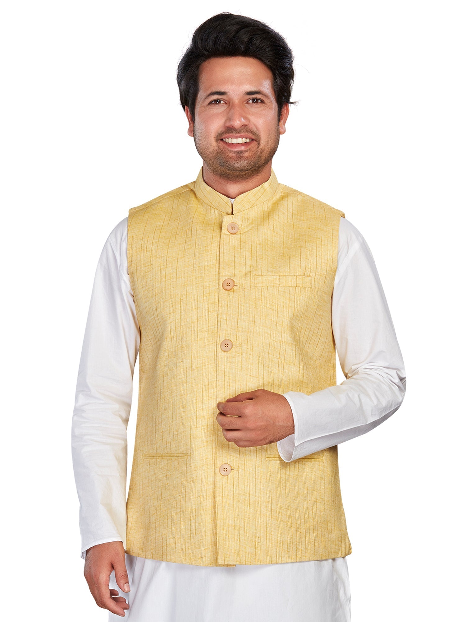 yellow Cotton Solid Indian Wear Nehru Jacket | DesiQlo