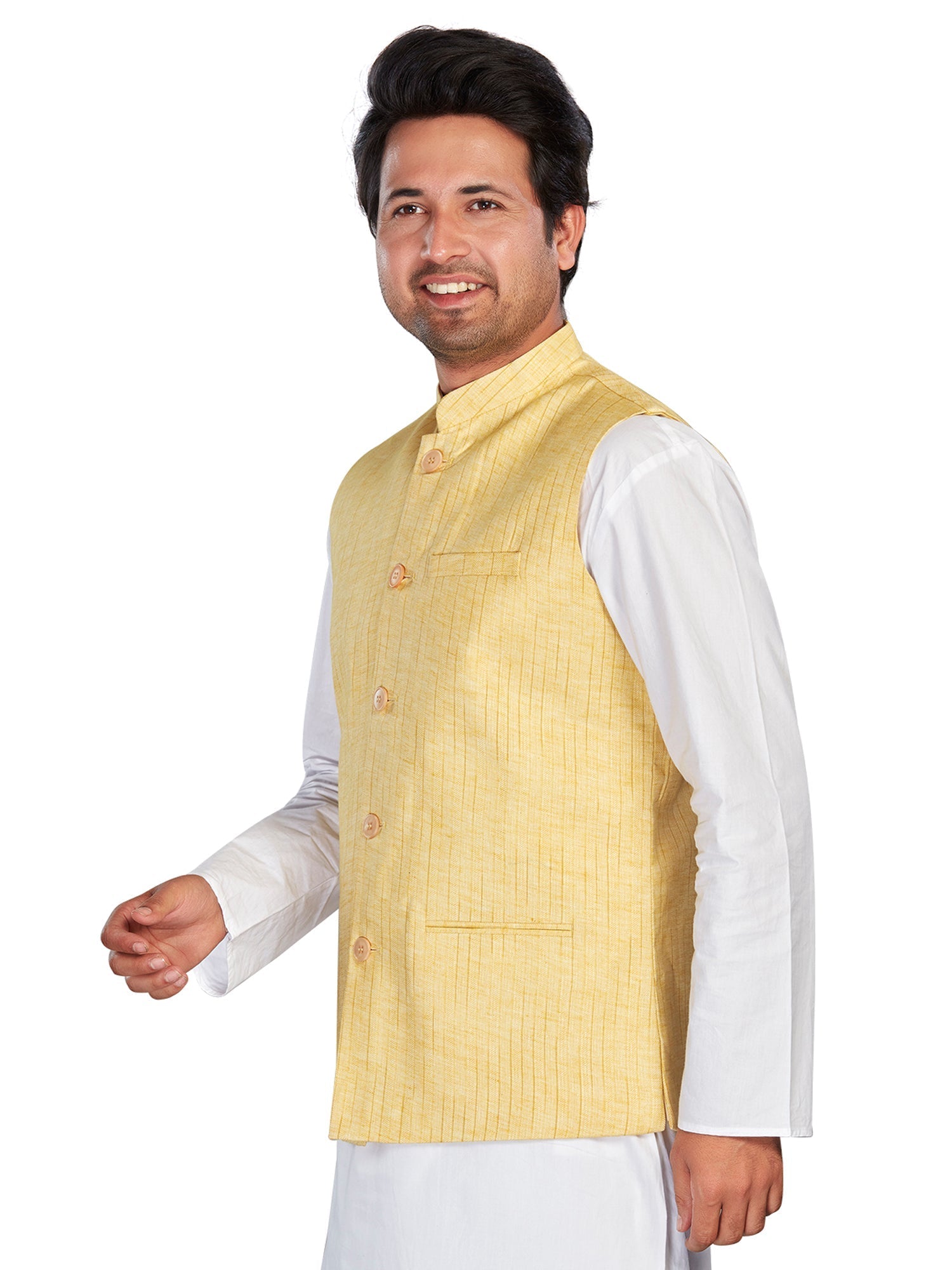 yellow Cotton Solid Indian Wear Nehru Jacket | DesiQlo