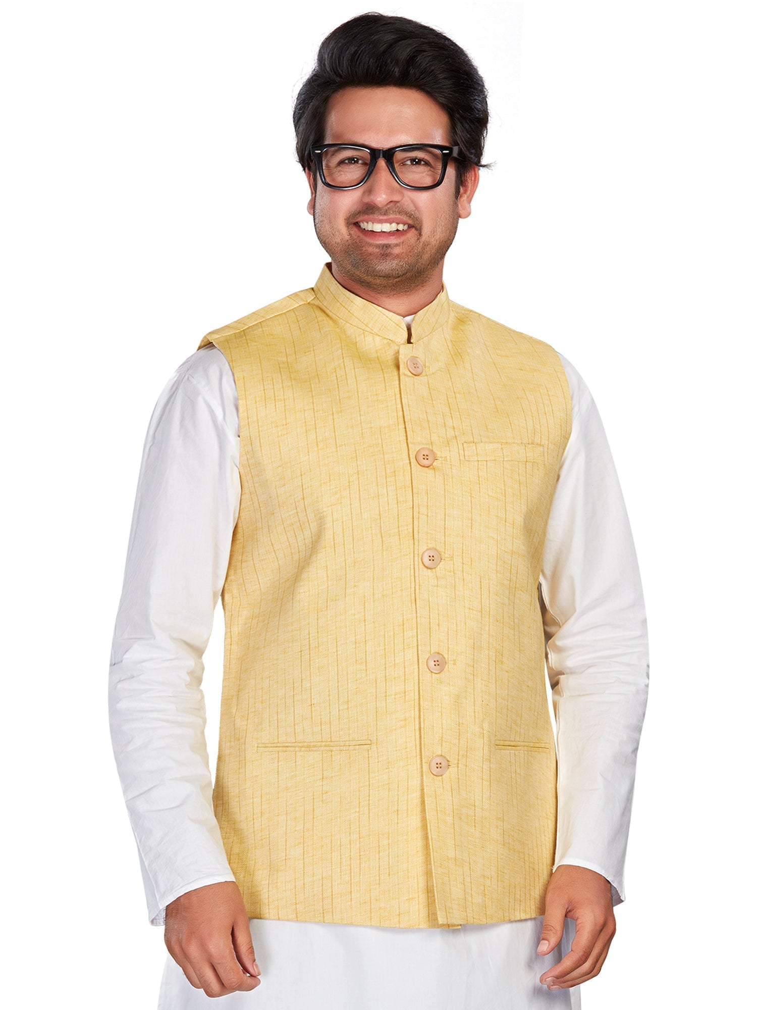 yellow Cotton Solid Indian Wear Nehru Jacket | DesiQlo