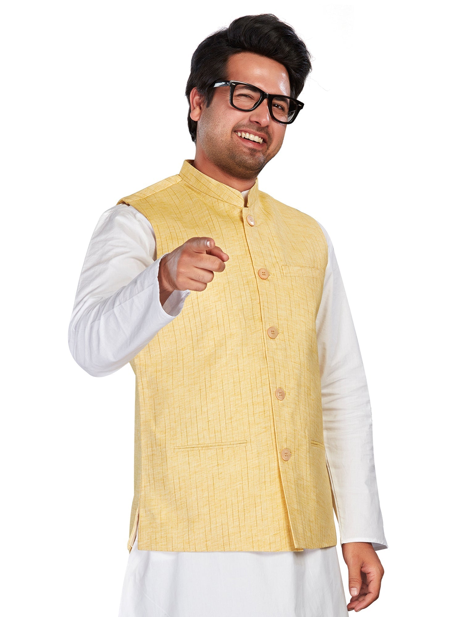 yellow Cotton Solid Indian Wear Nehru Jacket | DesiQlo
