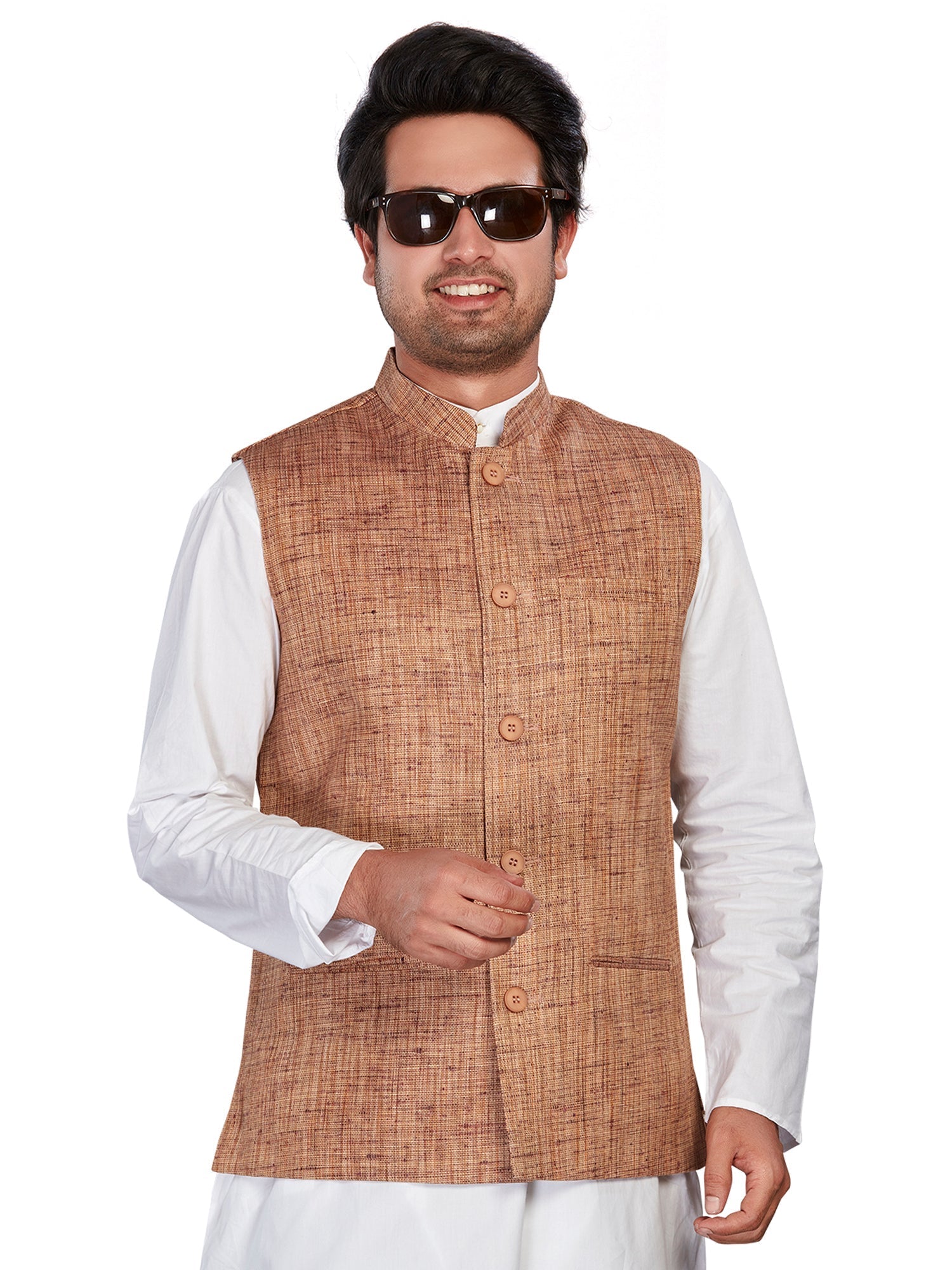 brown Cotton Solid Indian Wear Nehru Jacket | DesiQlo 3