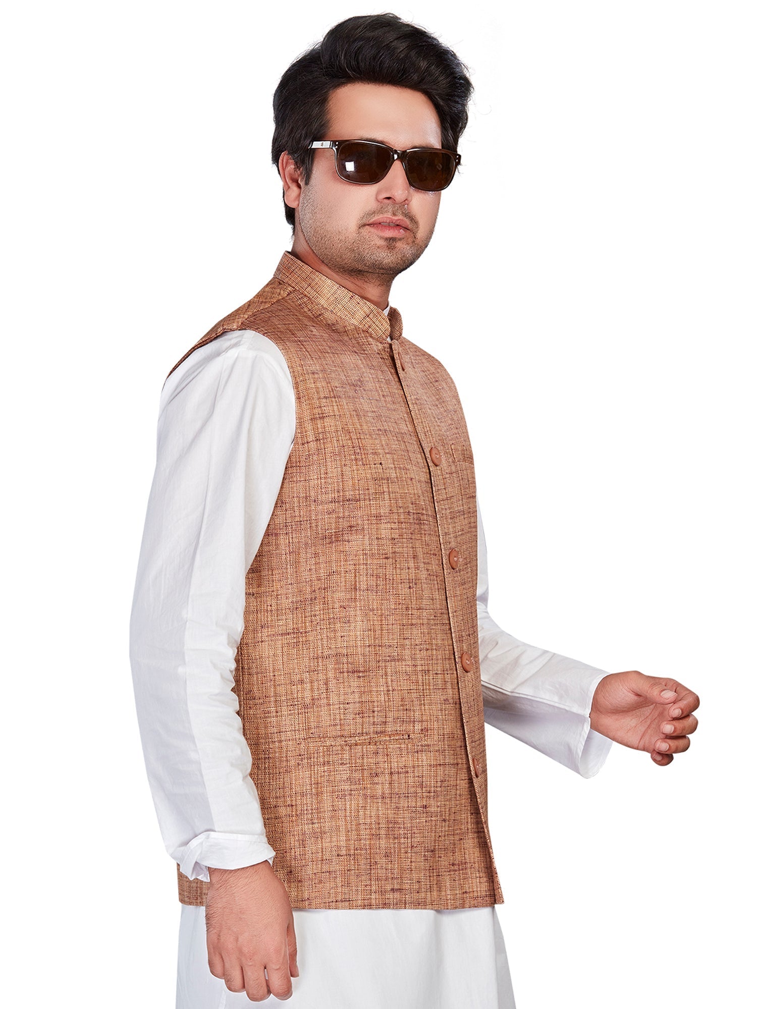 brown Cotton Solid Indian Wear Nehru Jacket | DesiQlo 3