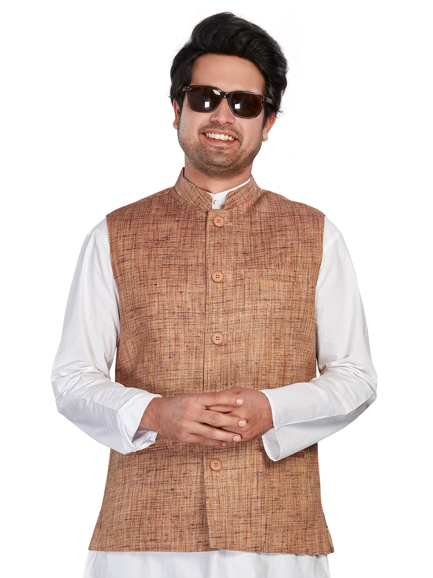 brown Cotton Solid Indian Wear Nehru Jacket | DesiQlo 3