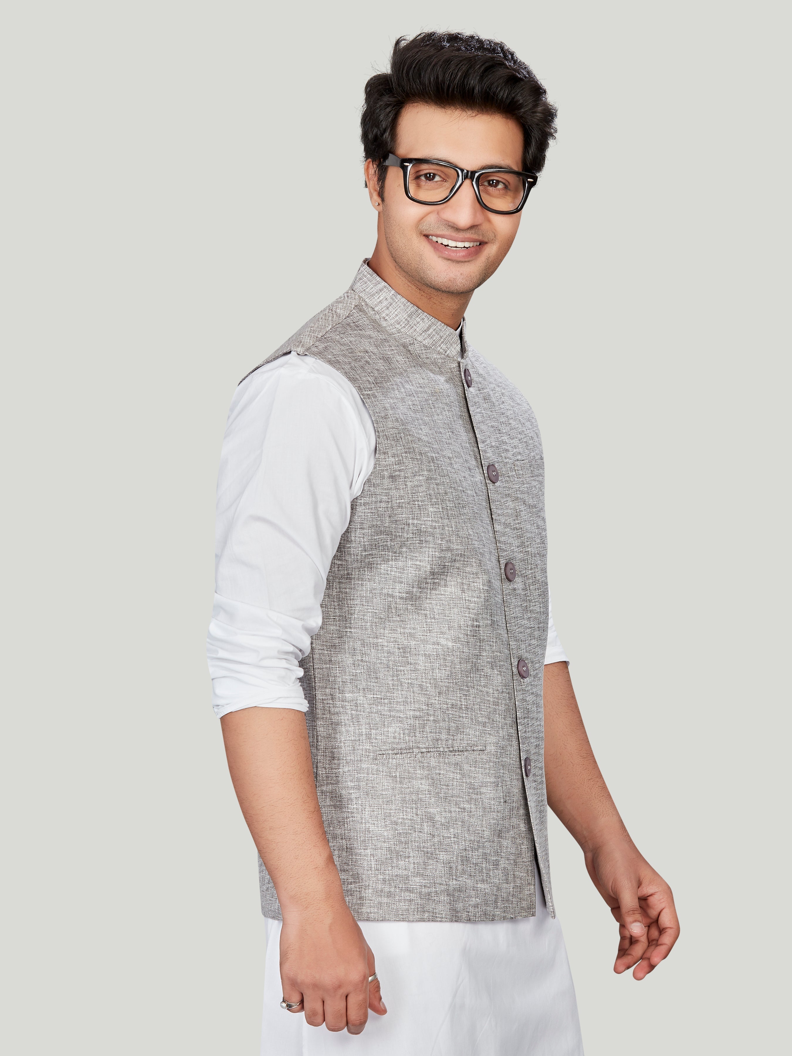 gray Cotton Solid Indian Wear Nehru Jacket | DesiQlo
