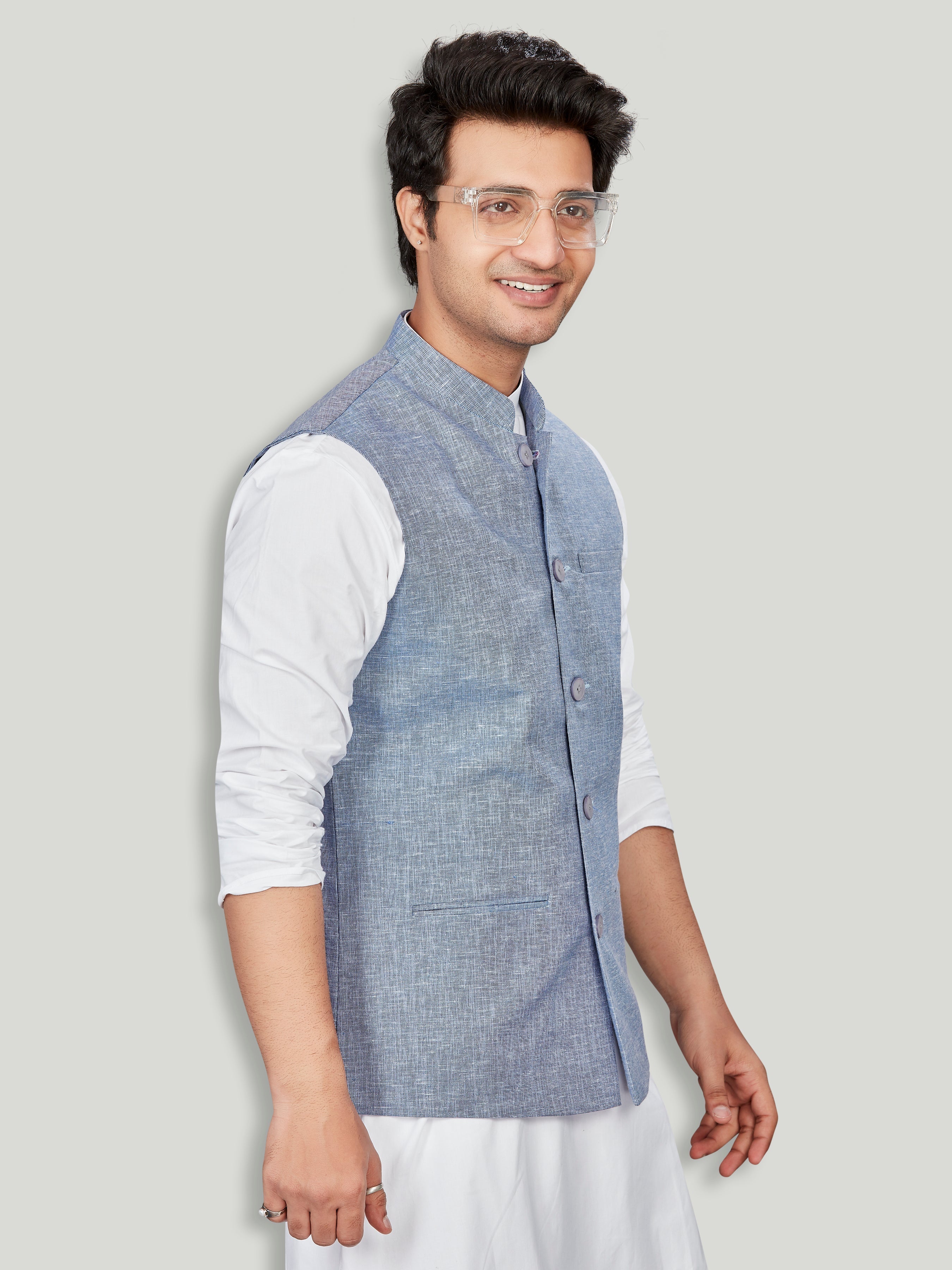blue Linen Solid Indian Wear for Men | DesiQlo India