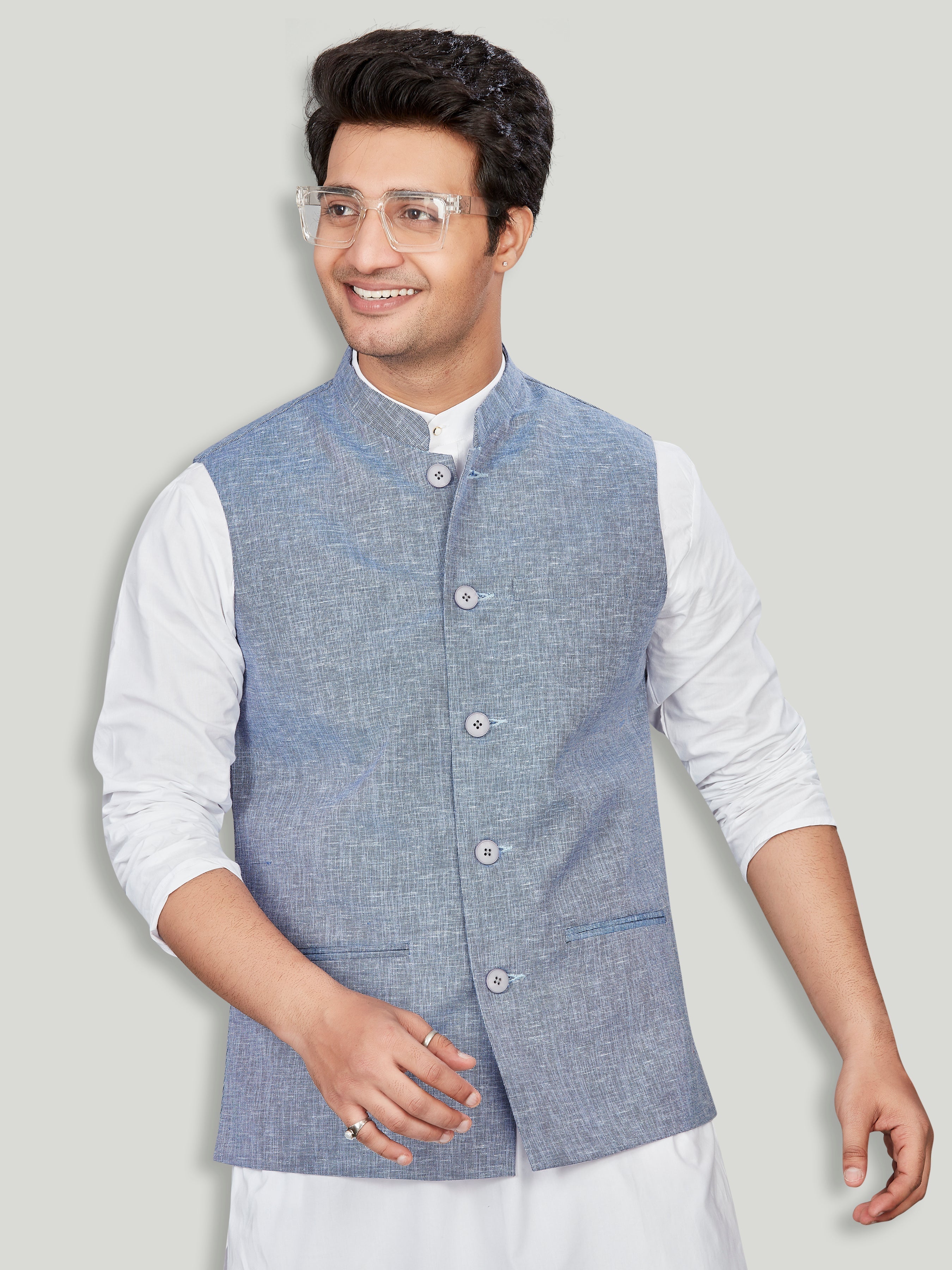 blue Linen Solid Indian Wear for Men | DesiQlo India