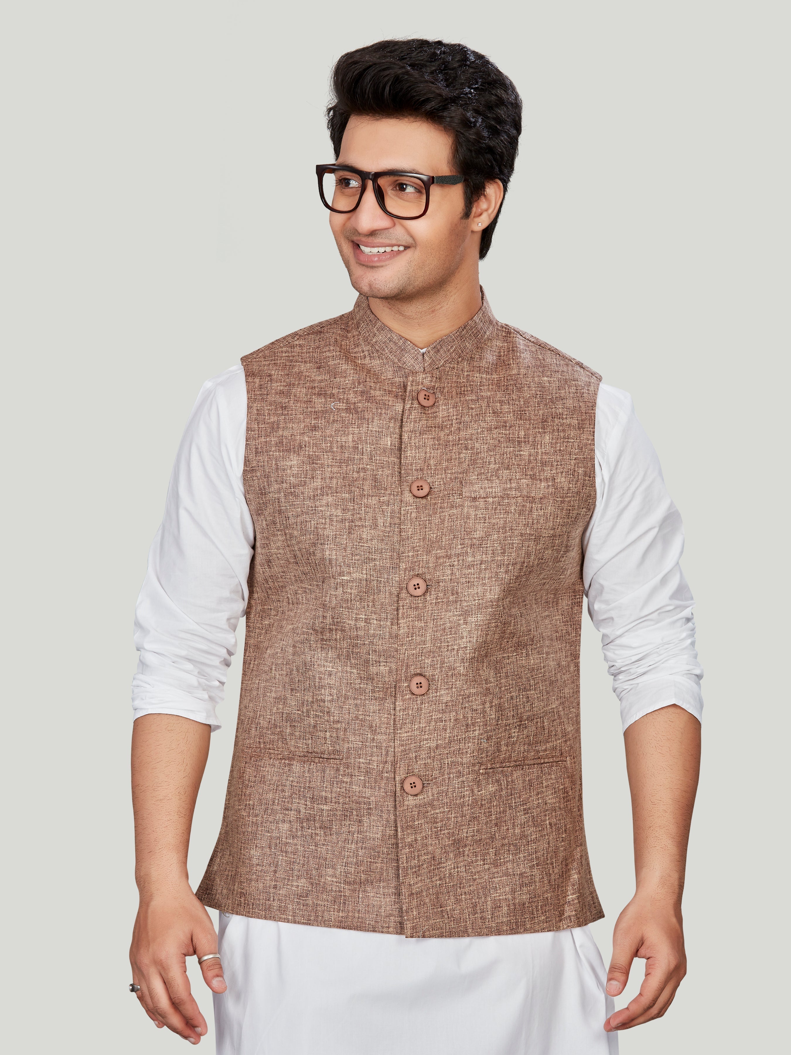 brown Cotton Solid Indian Wear Nehru Jacket | DesiQlo