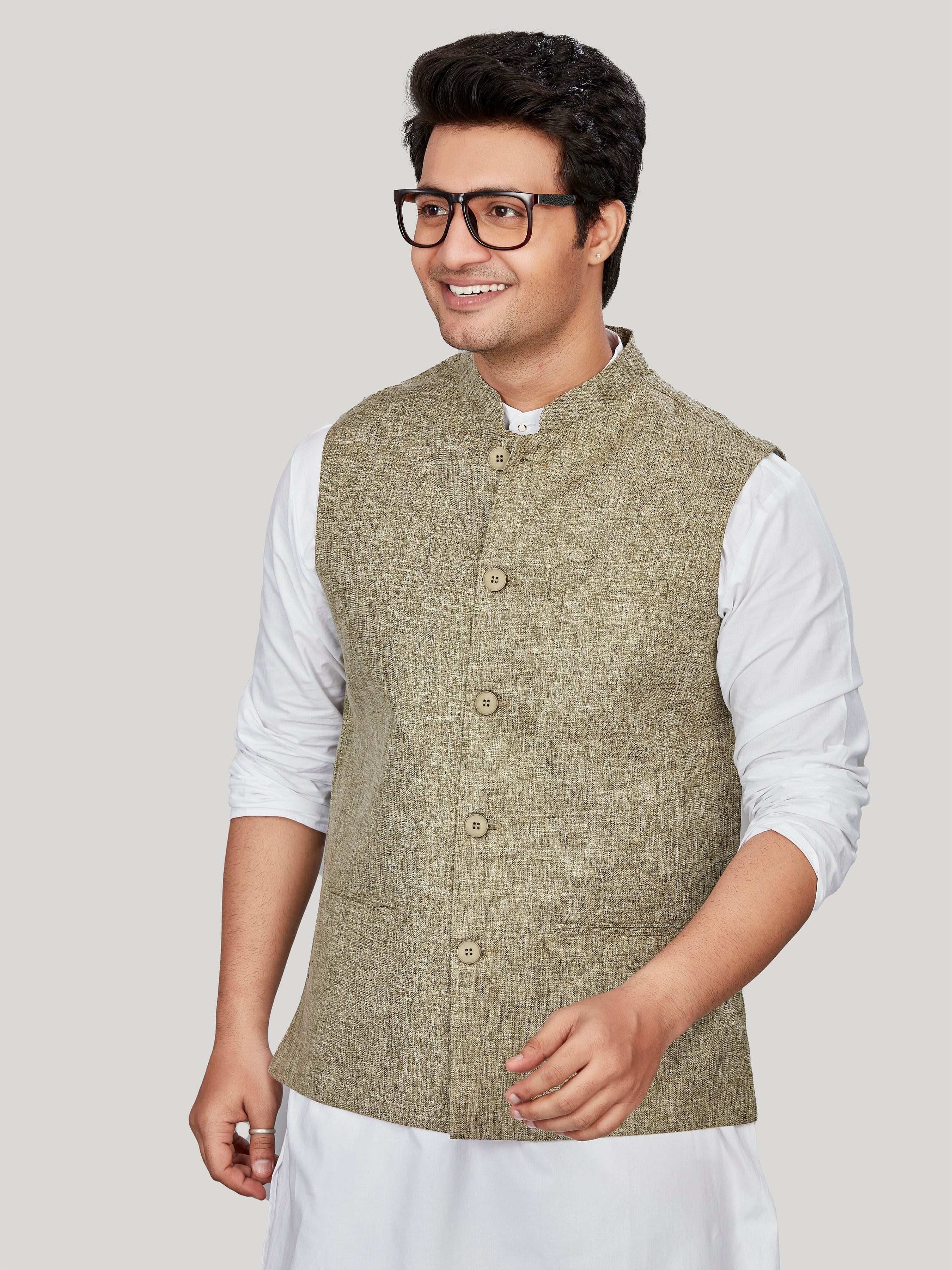green Cotton Solid Indian Wear Nehru Jacket | DesiQlo
