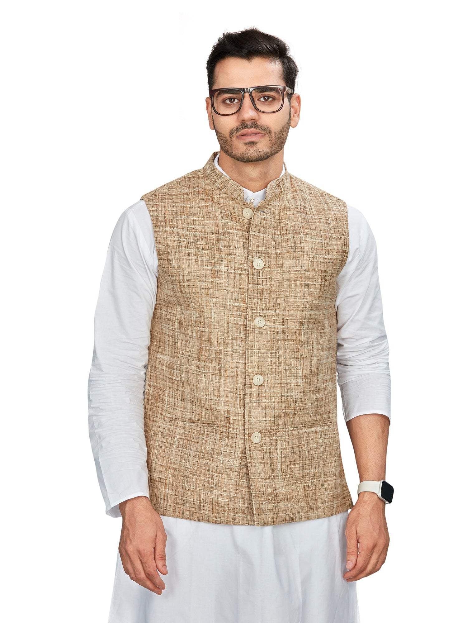 beige Cotton Solid Indian Wear Nehru Jacket | DesiQlo