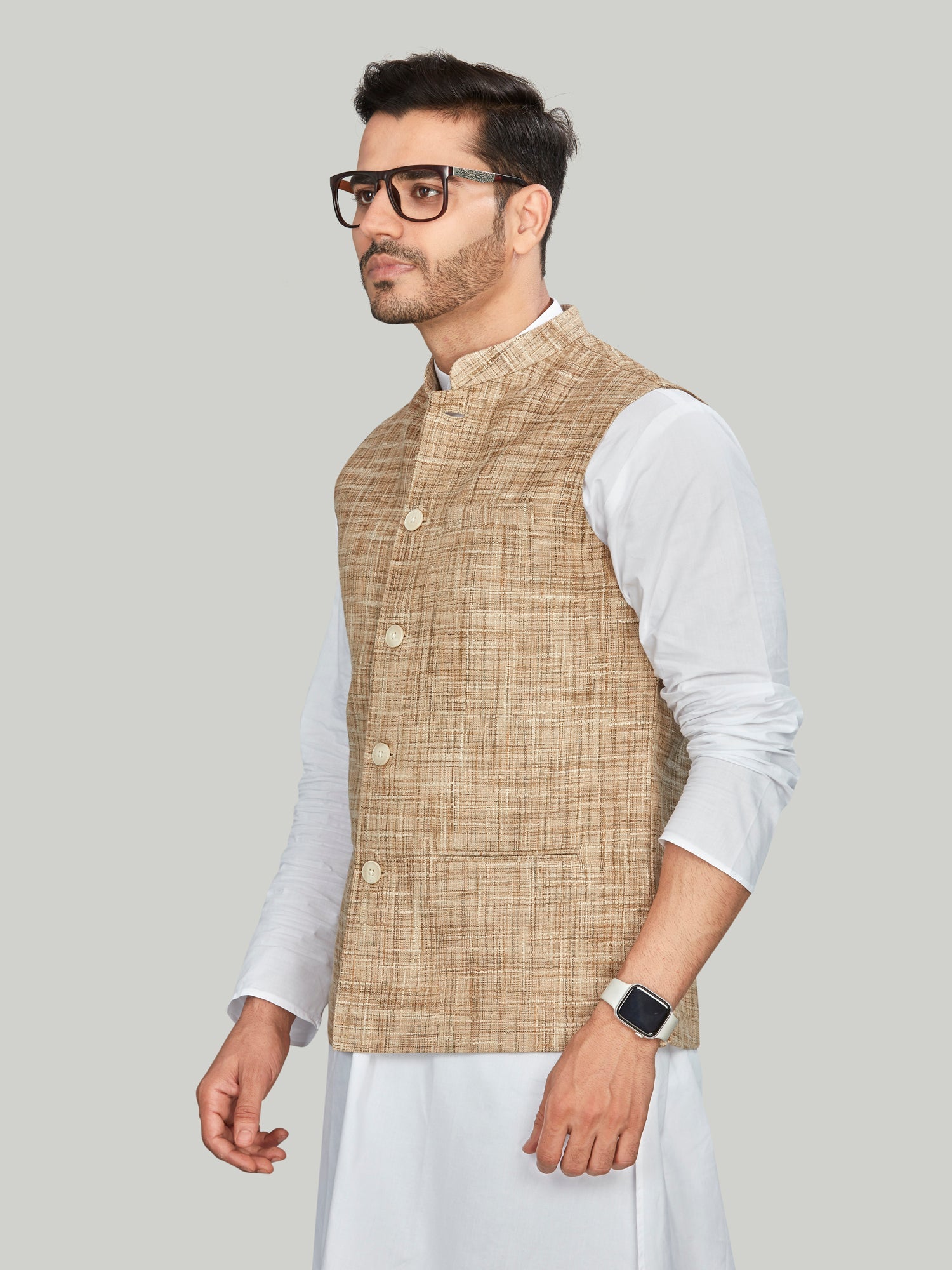 beige Cotton Solid Indian Wear Nehru Jacket | DesiQlo