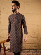 Mens Brown Viscose Rayon Ethnic Motifs Embroidered Chikankari Straight Kurta With Pant Set-MKSET1164