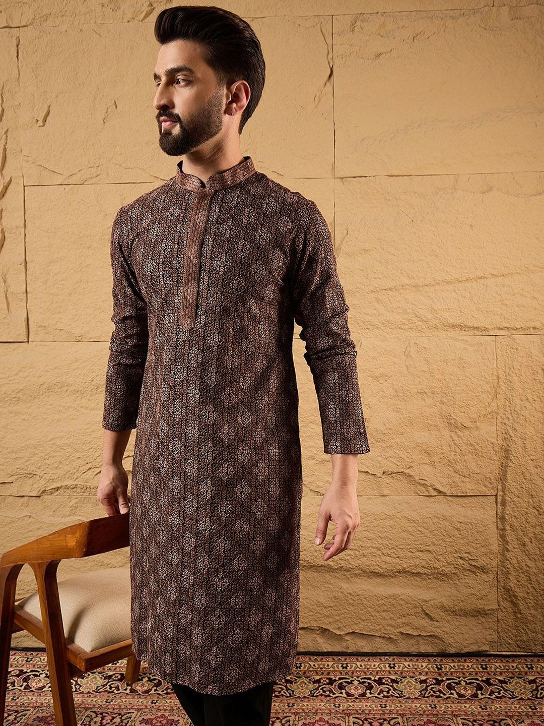 Mens Brown Viscose Rayon Ethnic Motifs Embroidered Chikankari Straight Kurta With Pant Set-MKSET1164