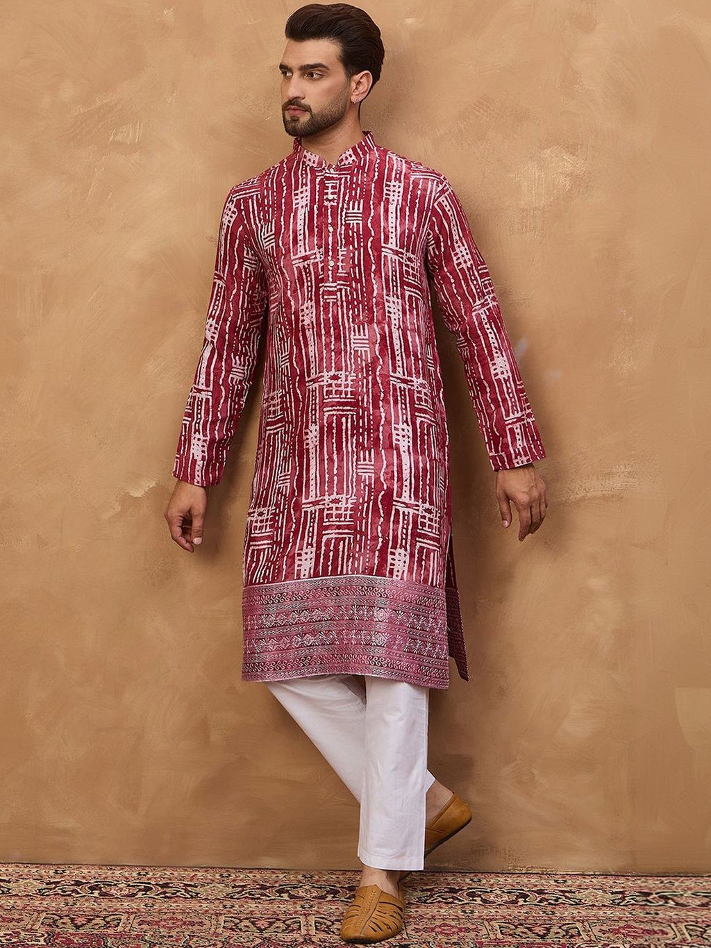 Men Red Viscose Rayon Batik Embroidered Straight Kurta With Pant Set-MKSET1499