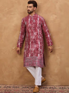 Men Red Viscose Rayon Batik Embroidered Straight Kurta With Pant Set-MKSET1499