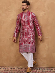 Men Red Viscose Rayon Batik Embroidered Straight Kurta With Pant Set-MKSET1499