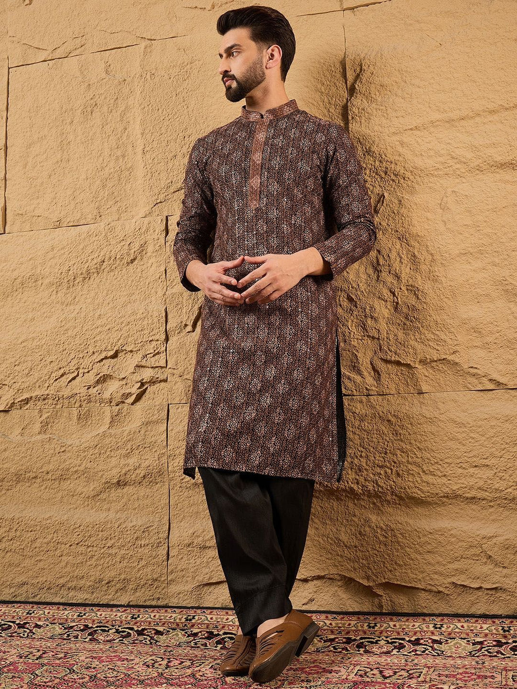 Mens Brown Viscose Rayon Ethnic Motifs Embroidered Chikankari Straight Kurta With Pant Set-MKSET1164