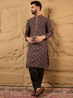 Mens Brown Viscose Rayon Ethnic Motifs Embroidered Chikankari Straight Kurta With Pant Set-MKSET1164