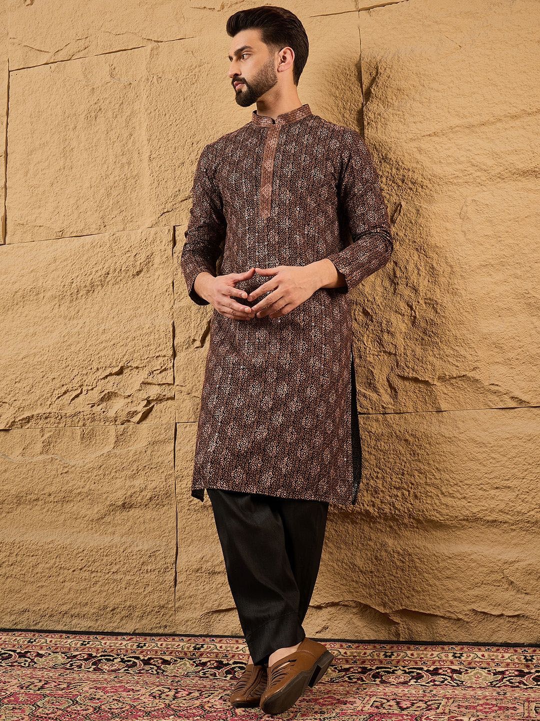 Mens Brown Viscose Rayon Ethnic Motifs Embroidered Chikankari Straight Kurta With Pant Set-MKSET1164