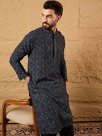 Mens Blue Viscose Rayon Abstract Embroidered Chikankari Straight Kurta With Pant Set-MKSET1172