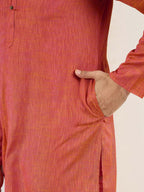 Men Orange Cotton Solid Woven Design Straight Kurta With Pant Set-MKSET1094
