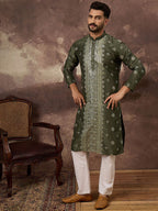 Men Green Silk Blend Solid Embroidered Straight Kurta With Pant Set-MKSET1419