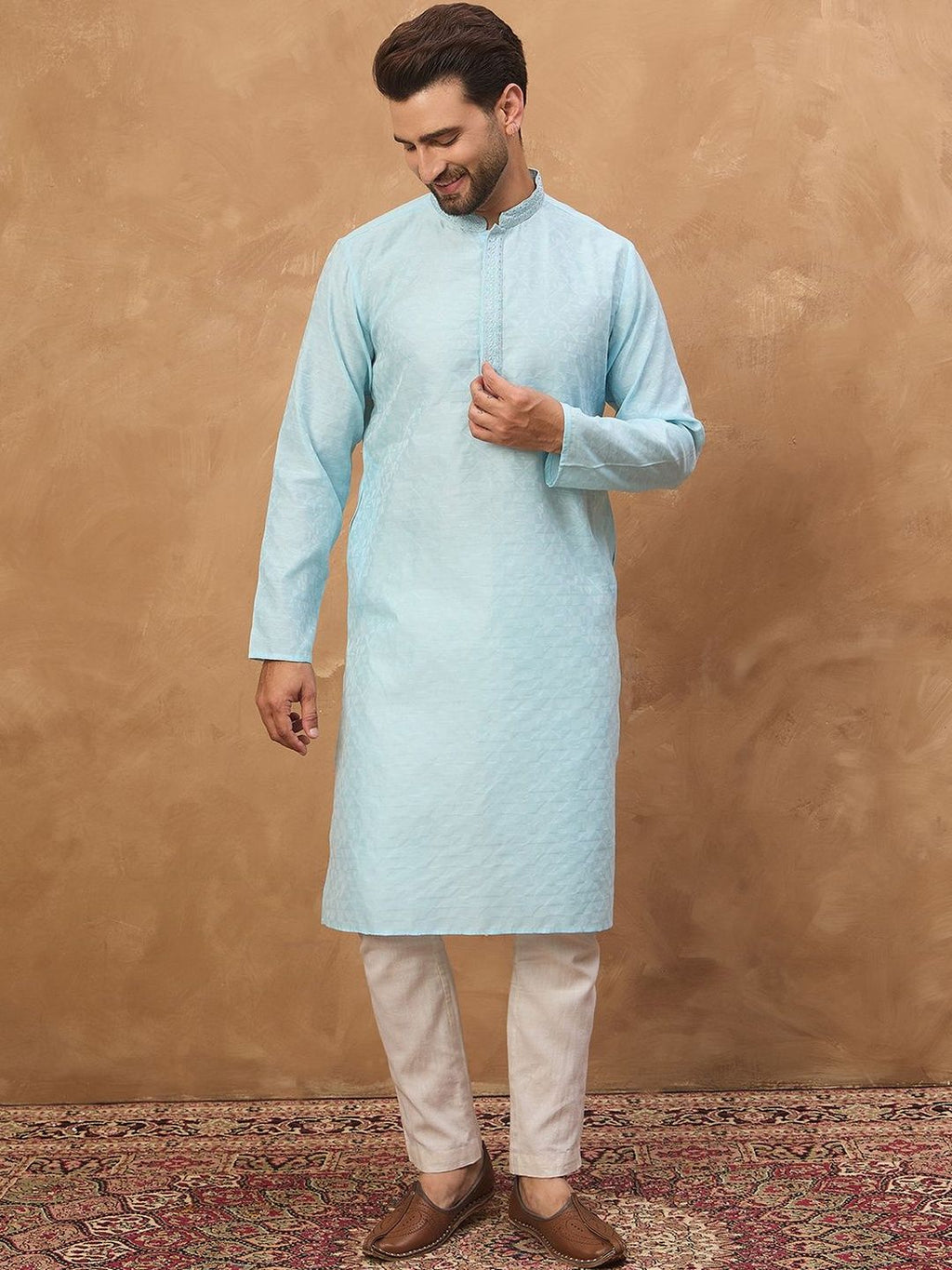 Men Blue Silk Blend Solid Embroidered Straight Kurta With Pant Set-MKSET1452