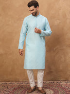 Men Blue Silk Blend Solid Embroidered Straight Kurta With Pant Set-MKSET1452