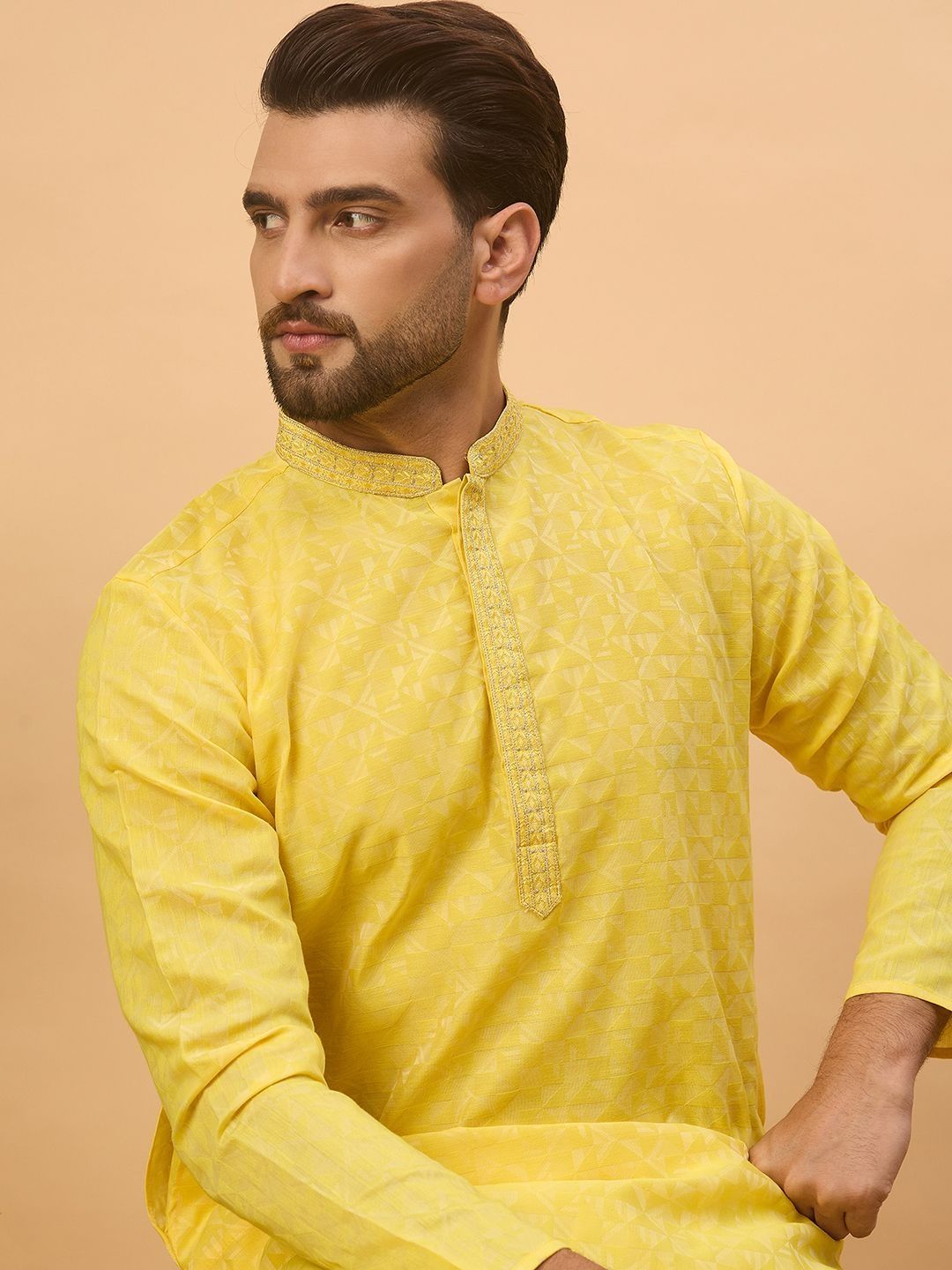 Men Yellow Silk Blend Solid Embroidered Straight Kurta With Pant Set-MKSET1455