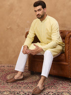 Men Yellow Silk Blend Solid Embroidered Straight Kurta With Pant Set-MKSET1507