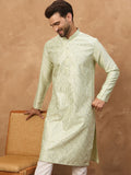 Men Peach Silk Blend Solid Embroidered Straight Kurta With Pant Set-MKSET1445