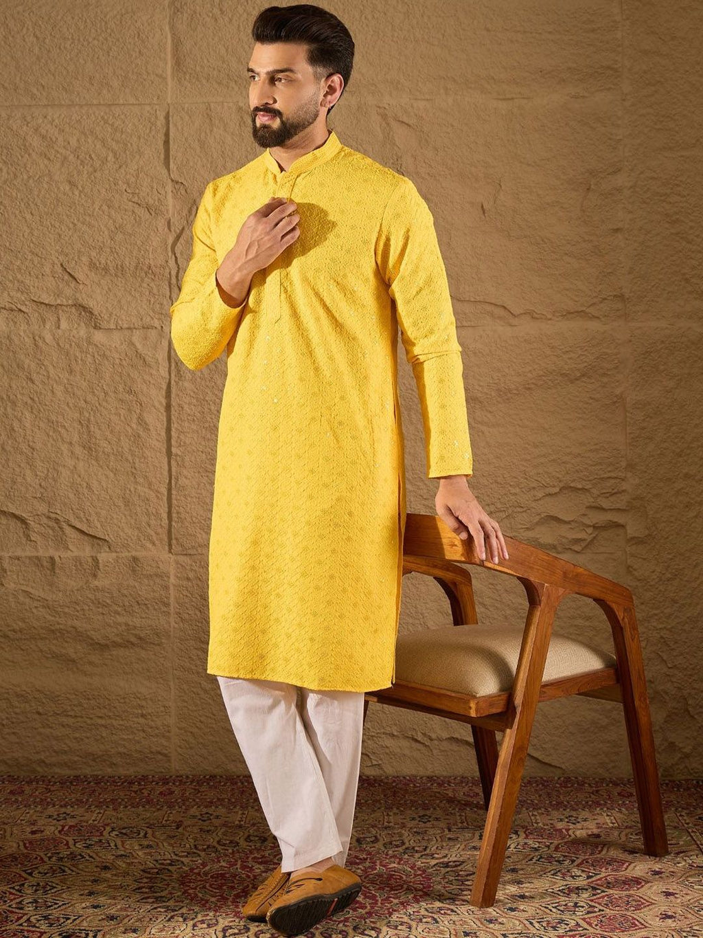 Men Yellow Viscose Rayon Solid Embroidered Straight Kurta With Pant Set-MKSET1212