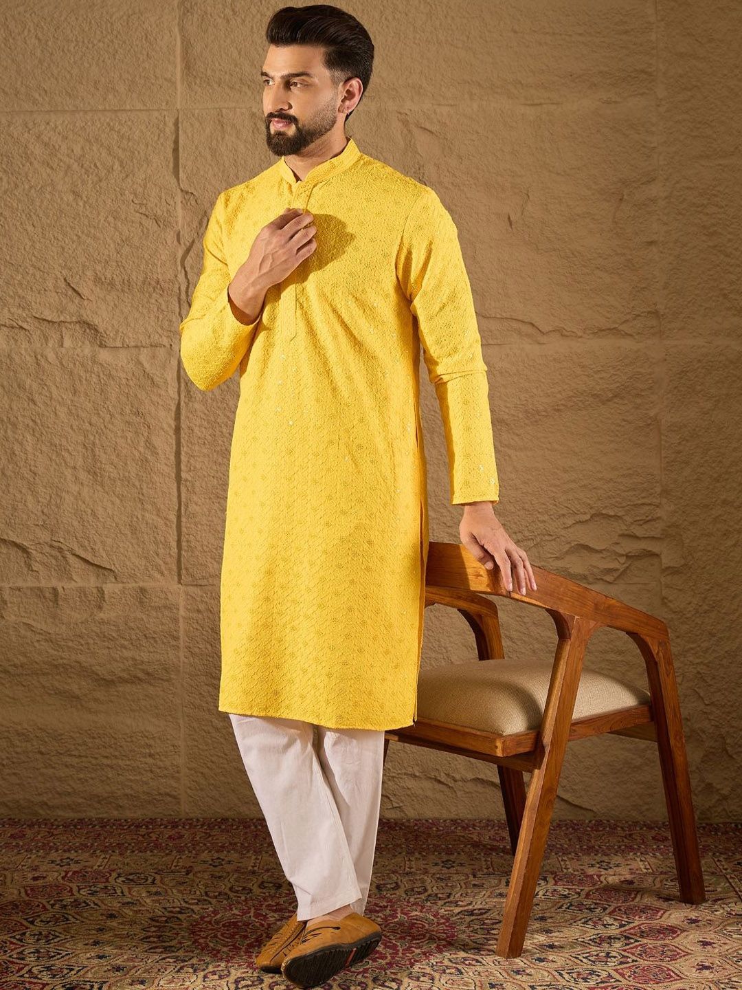 Men Yellow Viscose Rayon Solid Embroidered Straight Kurta With Pant Set-MKSET1212