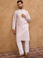 Men Lavender Silk Blend Solid Embroidered Straight Kurta With Pant Set-MKSET1448