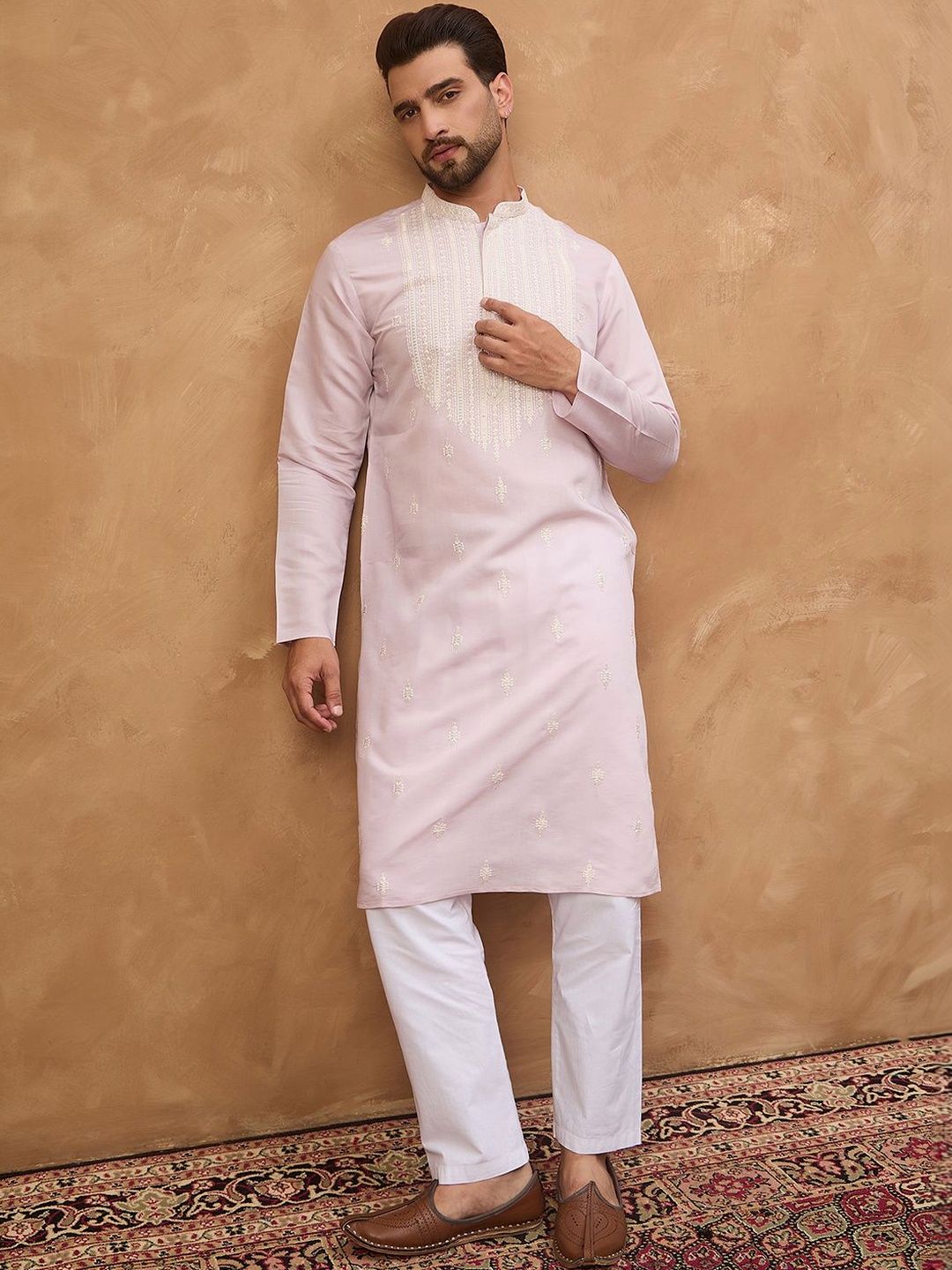 Men Lavender Silk Blend Solid Embroidered Straight Kurta With Pant Set-MKSET1448
