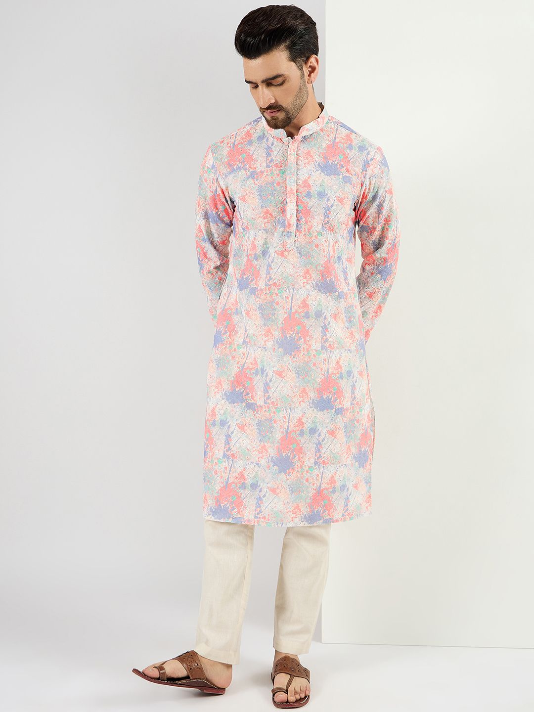 Men Off White Viscose Rayon Abstract Embroidered Straight Kurta With Pant Set-MKSET1082