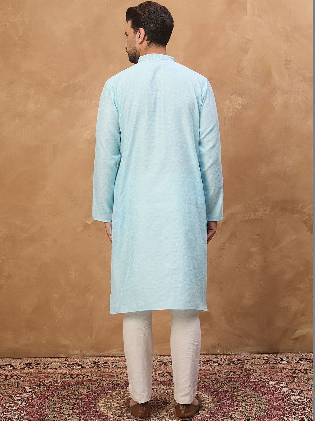 Men Blue Silk Blend Solid Embroidered Straight Kurta With Pant Set-MKSET1452