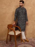 Men Black Silk Blend Geometric Printed Straight Kurta With Pant Set-MKSET1520