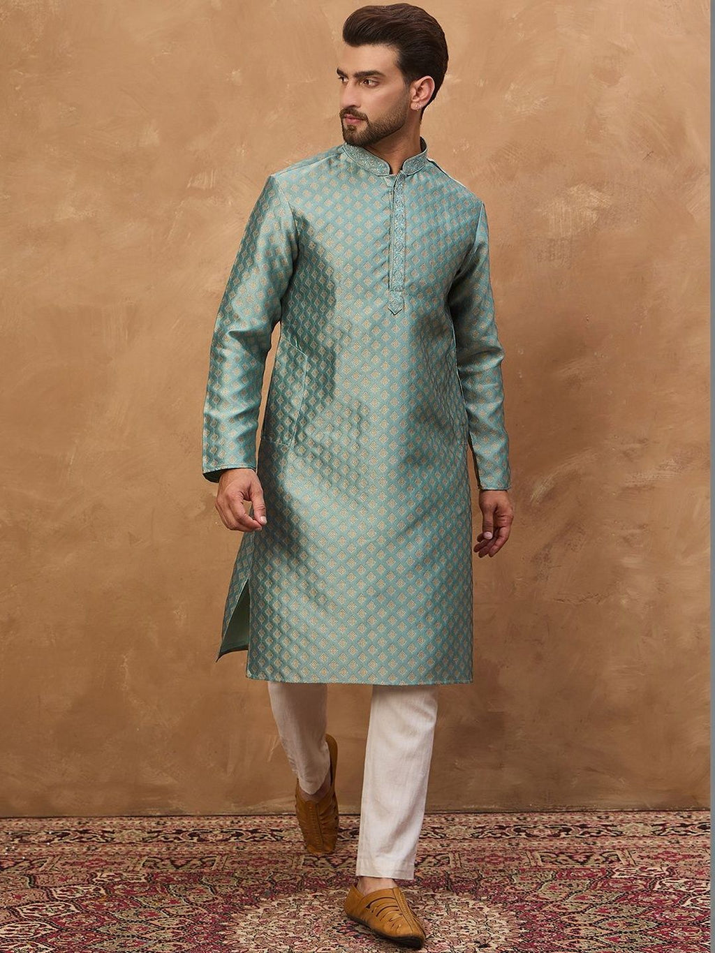 Men Blue Silk Blend Solid Woven Design Straight Kurta With Pant Set-MKSET1457