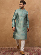 Men Blue Silk Blend Solid Woven Design Straight Kurta With Pant Set-MKSET1457