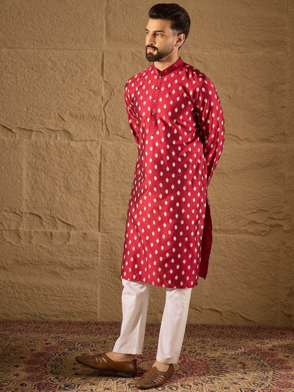 Men Maroon Silk Ikat Printed Straight Kurta With Pant Set-MKSET1281