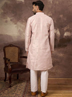 Men Pink Silk Blend Solid Embroidered Straight Kurta With Pant Set-MKSET1362