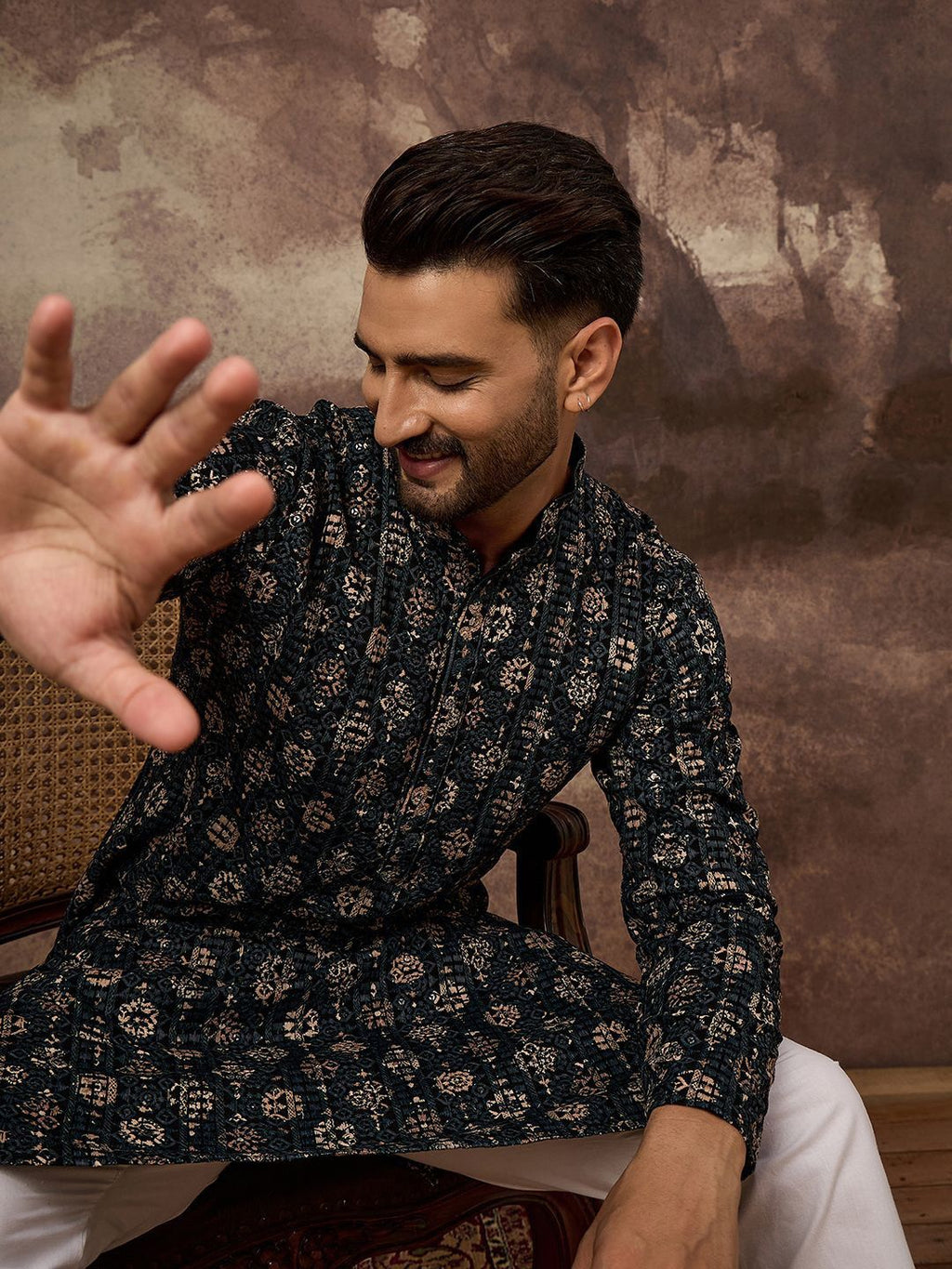 Men Black Viscose Rayon Geometric Embroidered Straight Kurta With Pant Set-MKSET1403