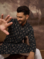 Men Black Viscose Rayon Geometric Embroidered Straight Kurta With Pant Set-MKSET1403