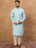Men Blue Silk Blend Solid Embroidered Straight Kurta With Pant Set-MKSET1452
