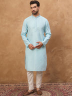 Men Blue Silk Blend Solid Embroidered Straight Kurta With Pant Set-MKSET1452
