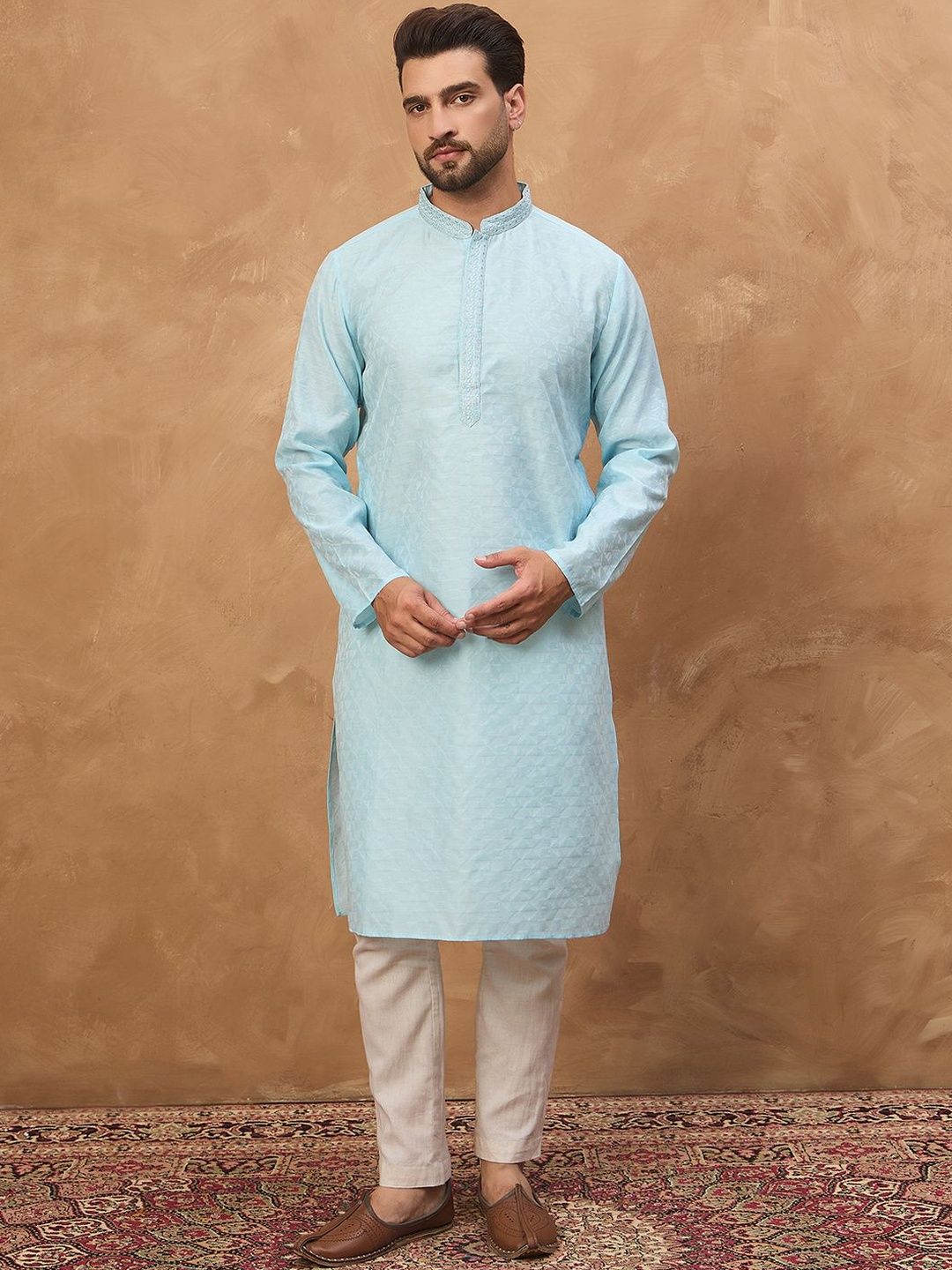 Men Blue Silk Blend Solid Embroidered Straight Kurta With Pant Set-MKSET1452