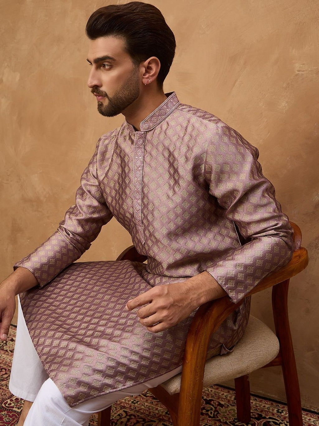 Men Mauve Silk Blend Solid Woven Design Straight Kurta With Pant Set-MKSET1458