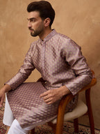 Men Mauve Silk Blend Solid Woven Design Straight Kurta With Pant Set-MKSET1458