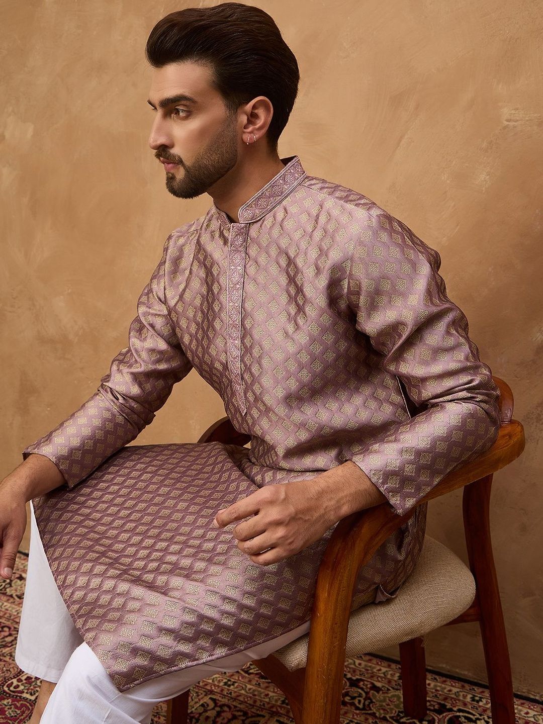 Men Mauve Silk Blend Solid Woven Design Straight Kurta With Pant Set-MKSET1458